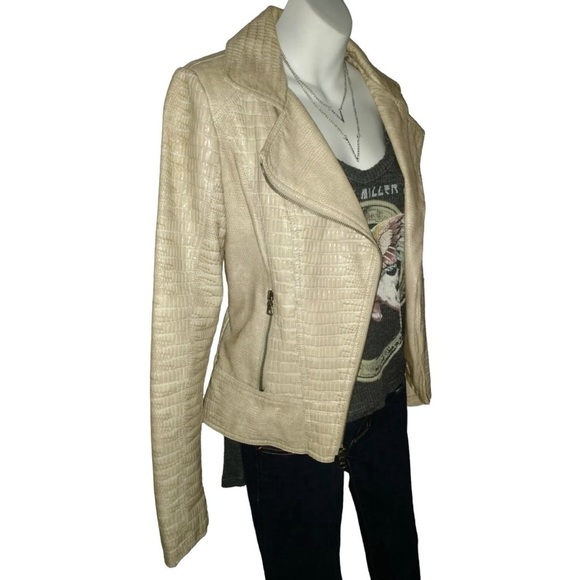 Guess Jacket Motorcycle Moto Embossed Animal Print Faux Leather Tan alt Grunge S - Picture 4 of 13